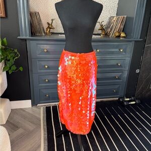 Vibrant Orange Sequin Midi Skirt
